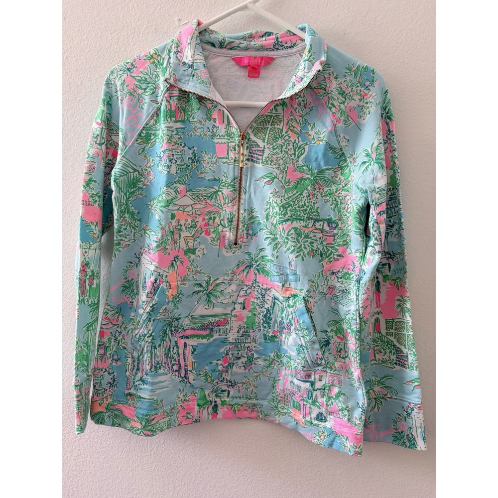 Lilly Pulitzer Women Small 1/4 Zip Pullover Sweatshirt Blue Multi Tropical Print